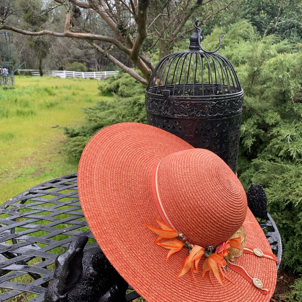 Kreativekristen upcycled Orange wide brim straw Hat with Floral Accents - Picture 4 of 12